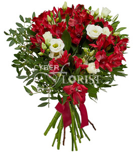 красные альстромерии и белые эустомы